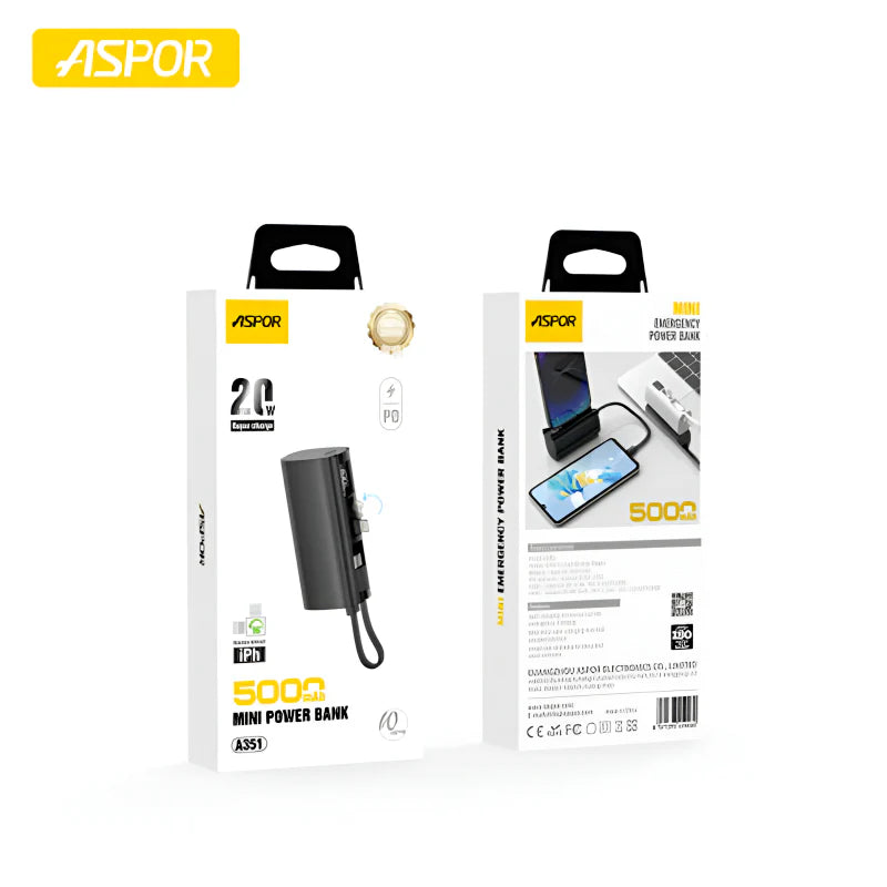 Aspor A351 2IN1 IPHONE & TYPE-C Flexible Portable Mini 5000mAh Power Bank