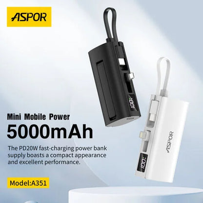 Aspor A351 2IN1 IPHONE & TYPE-C Flexible Portable Mini 5000mAh Power Bank