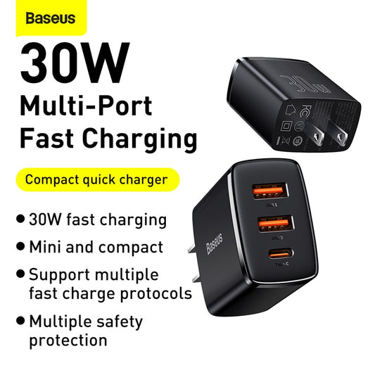 Baseus Compact 30w Fast Charger 2 USB 1-Type C Port